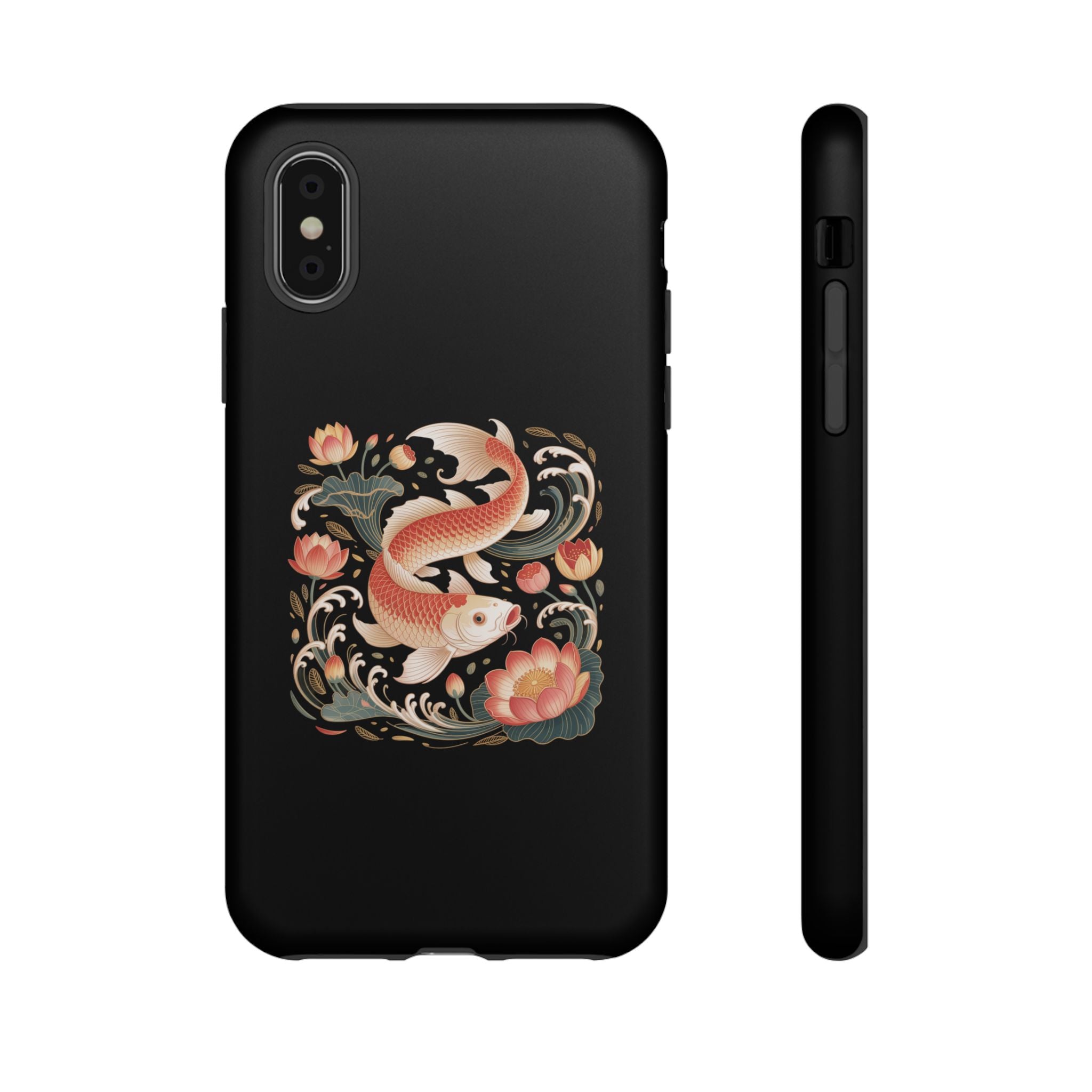 Koi Wave Tough Phone Case — Protective Black Case with Lotus & Koi Fish Tattoo Design