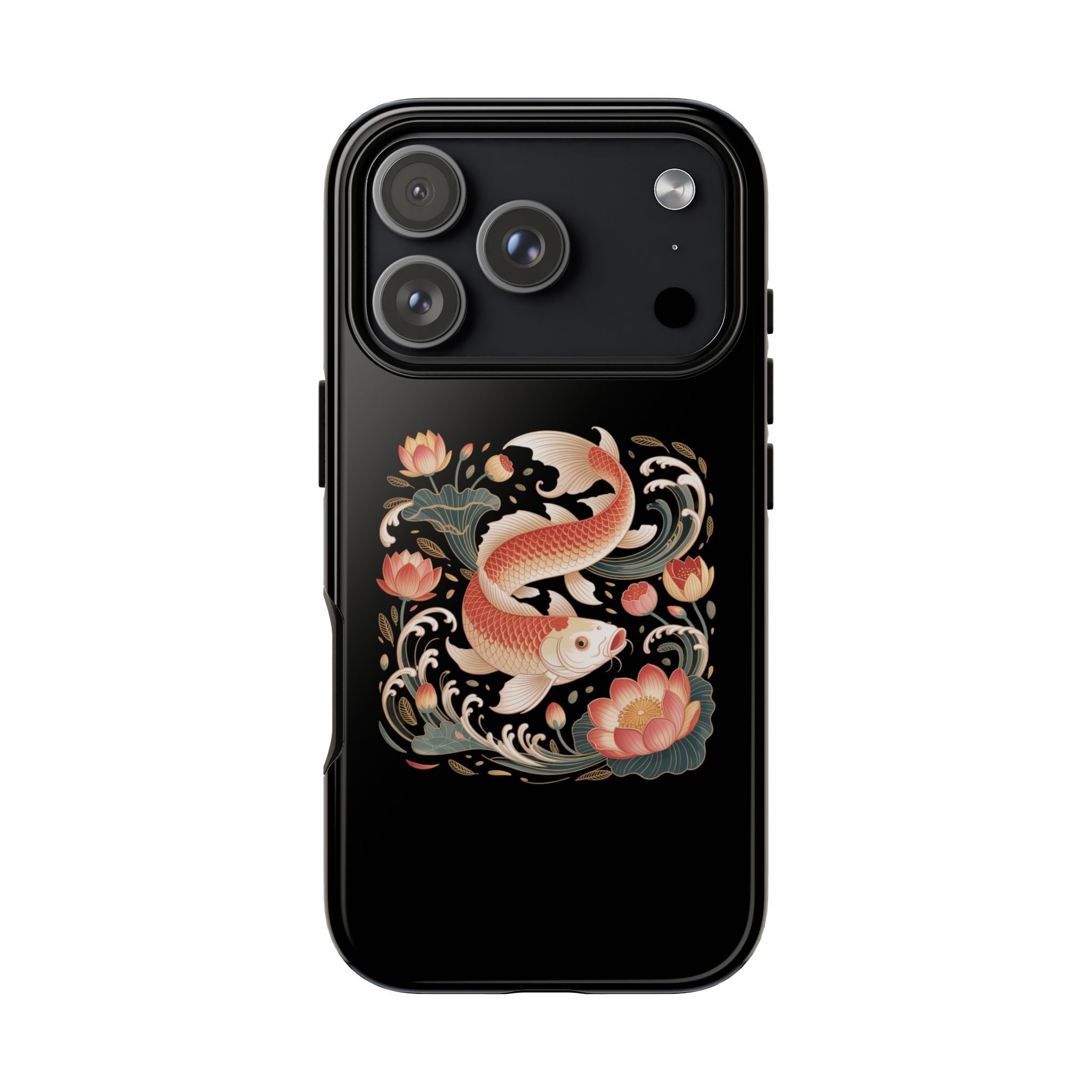 Koi Wave Tough Phone Case — Protective Black Case with Lotus & Koi Fish Tattoo Design