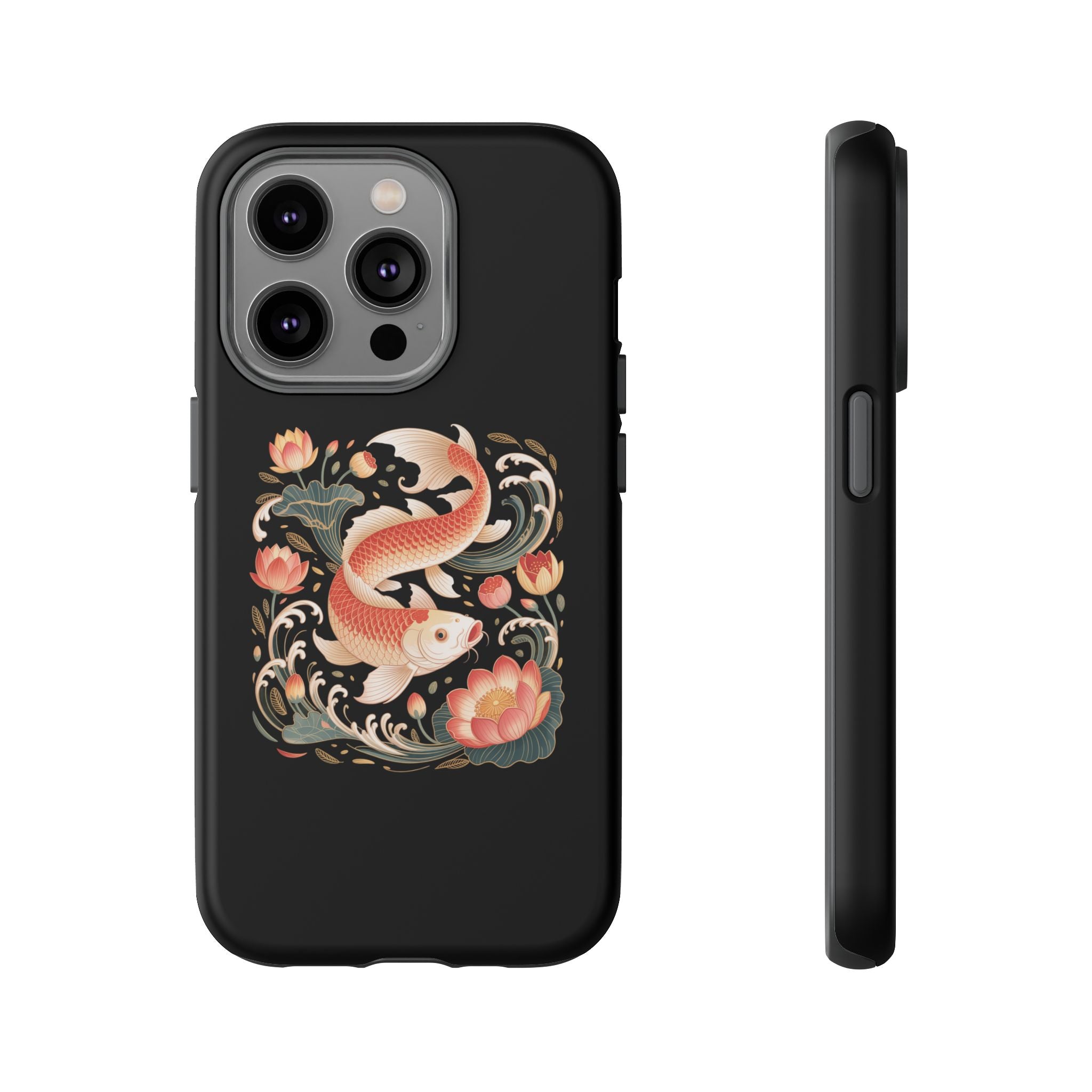 Koi Wave Tough Phone Case — Protective Black Case with Lotus & Koi Fish Tattoo Design